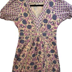 Nordstroms Maisie yellow Puff Sleeve Midi Dress with Crochet Trim Large